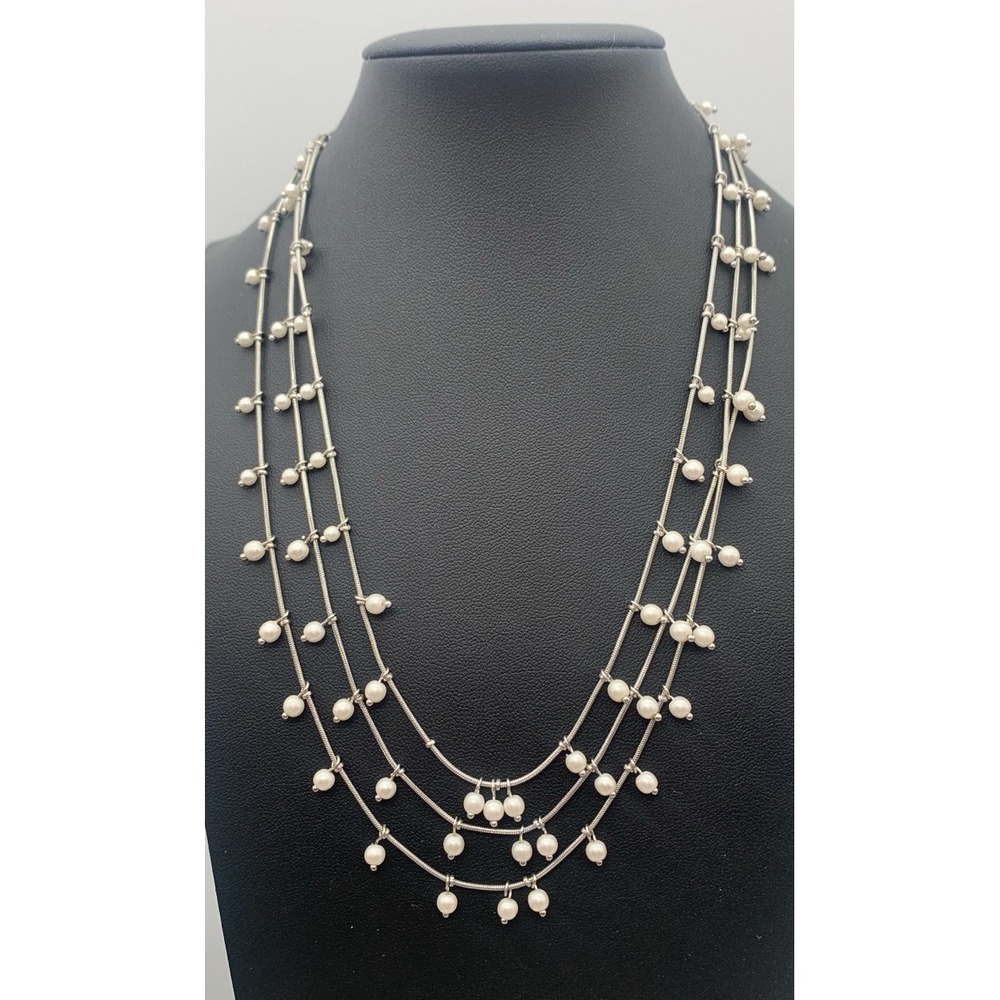 Anne Klein Silver Tone Multi Layer Snake Chain With Small Faux Pearls Necklace